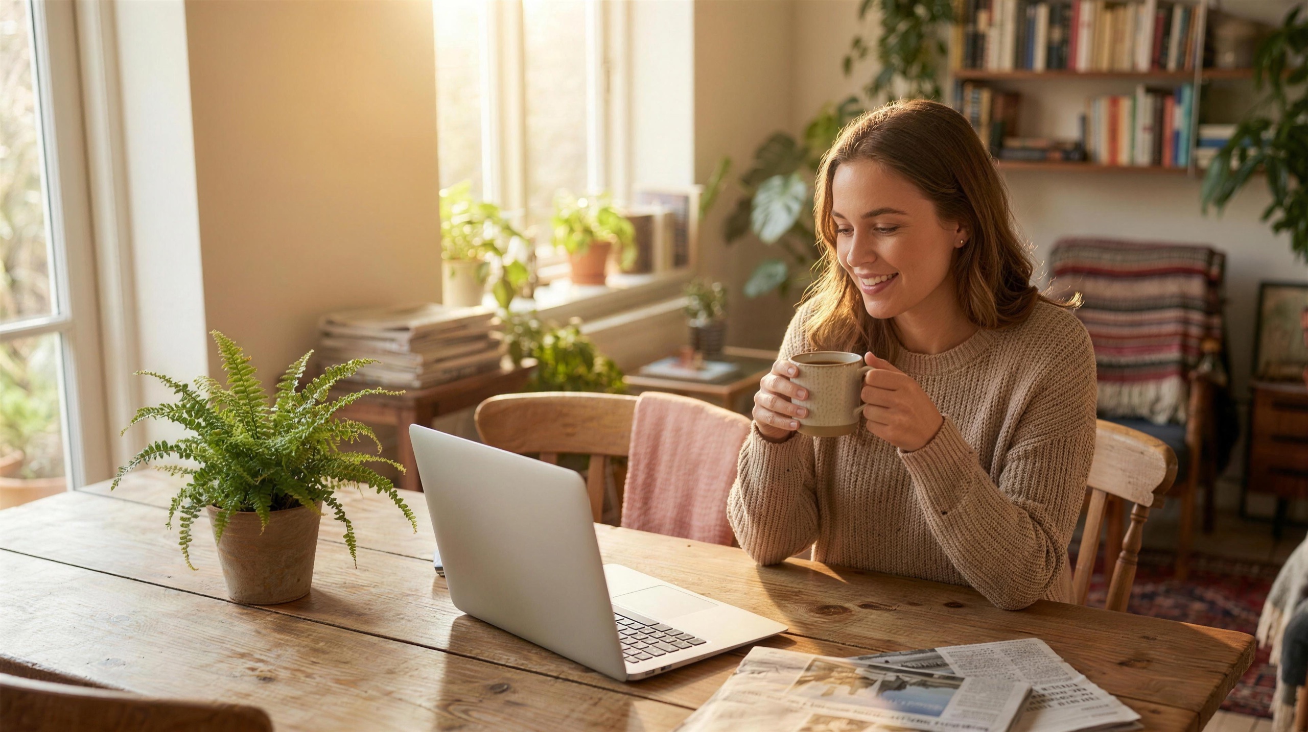 Guest enjoying coffee at a sunlit dining table with a laptop