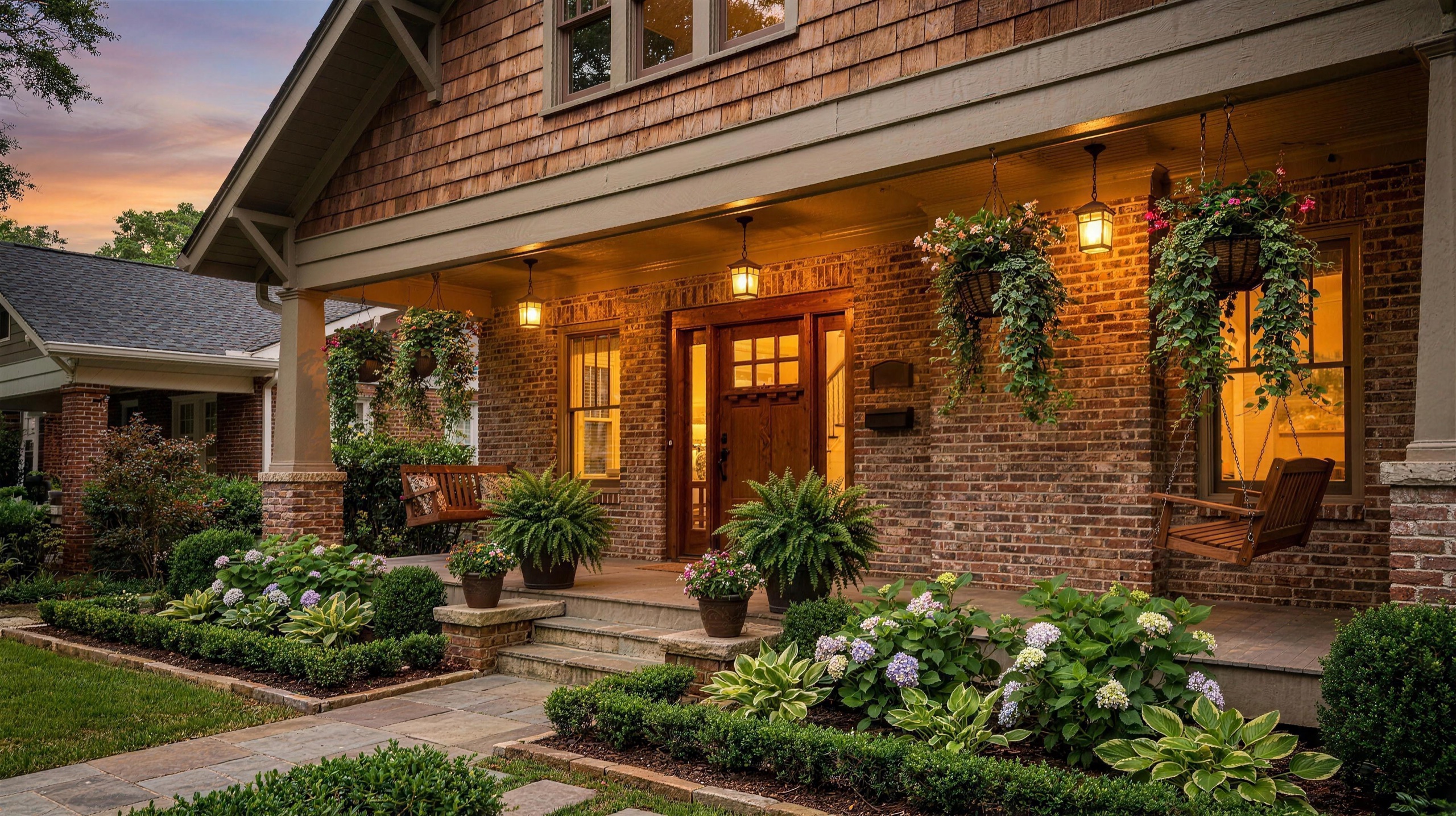Brick craftsman home with lantern-lit front porch at dusk