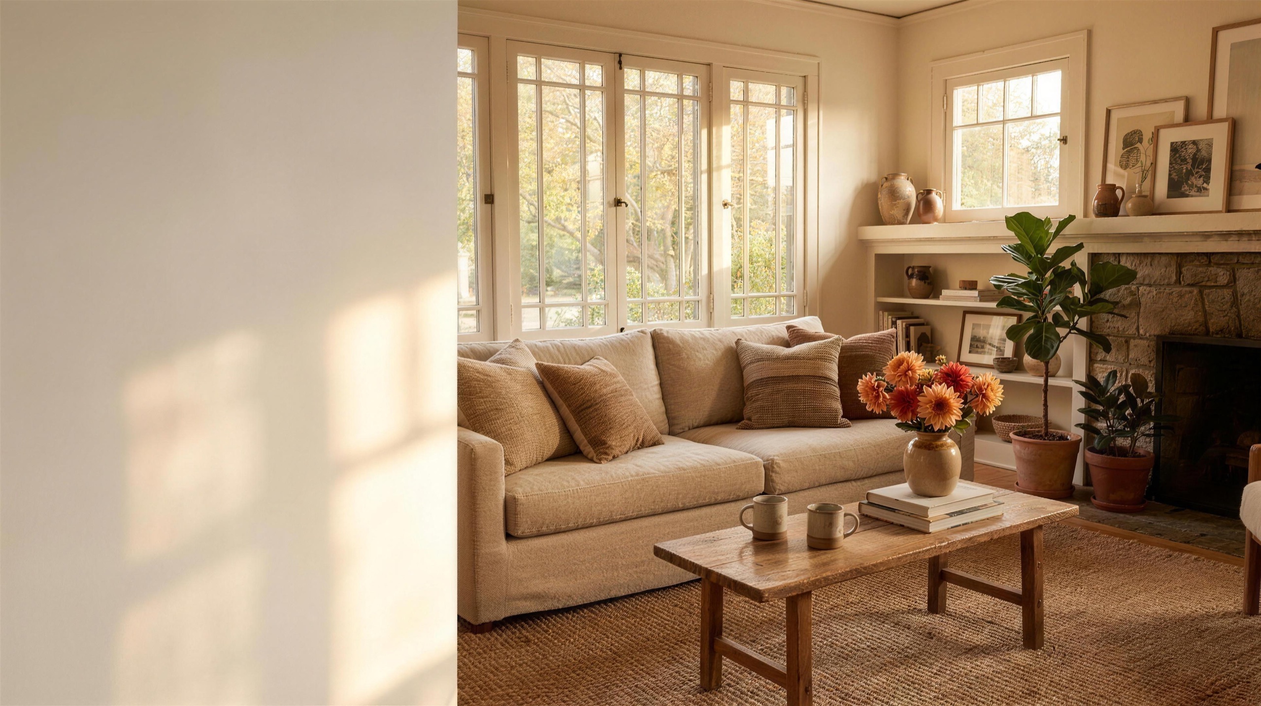 Sunlit craftsman living room with linen sofa and autumn florals
